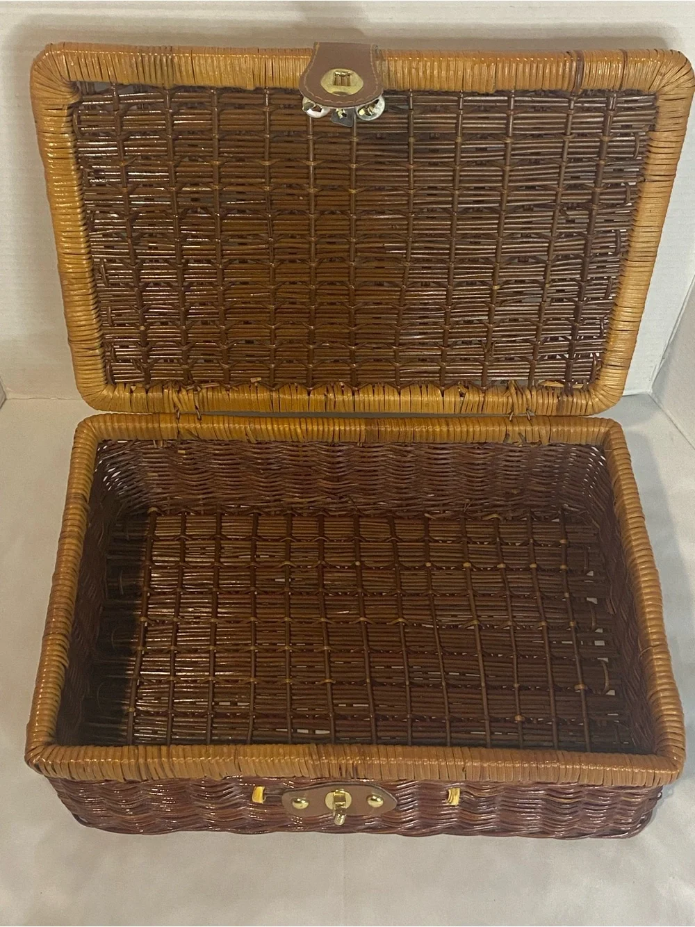 Woven Rattan Storage Basket with Leather Strap - Brown
